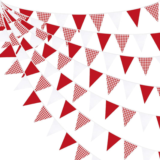 32Ft Red Party Decorations Red Plaid Checkered White Triangle Flag Gingham Pennant Bunting Fabric