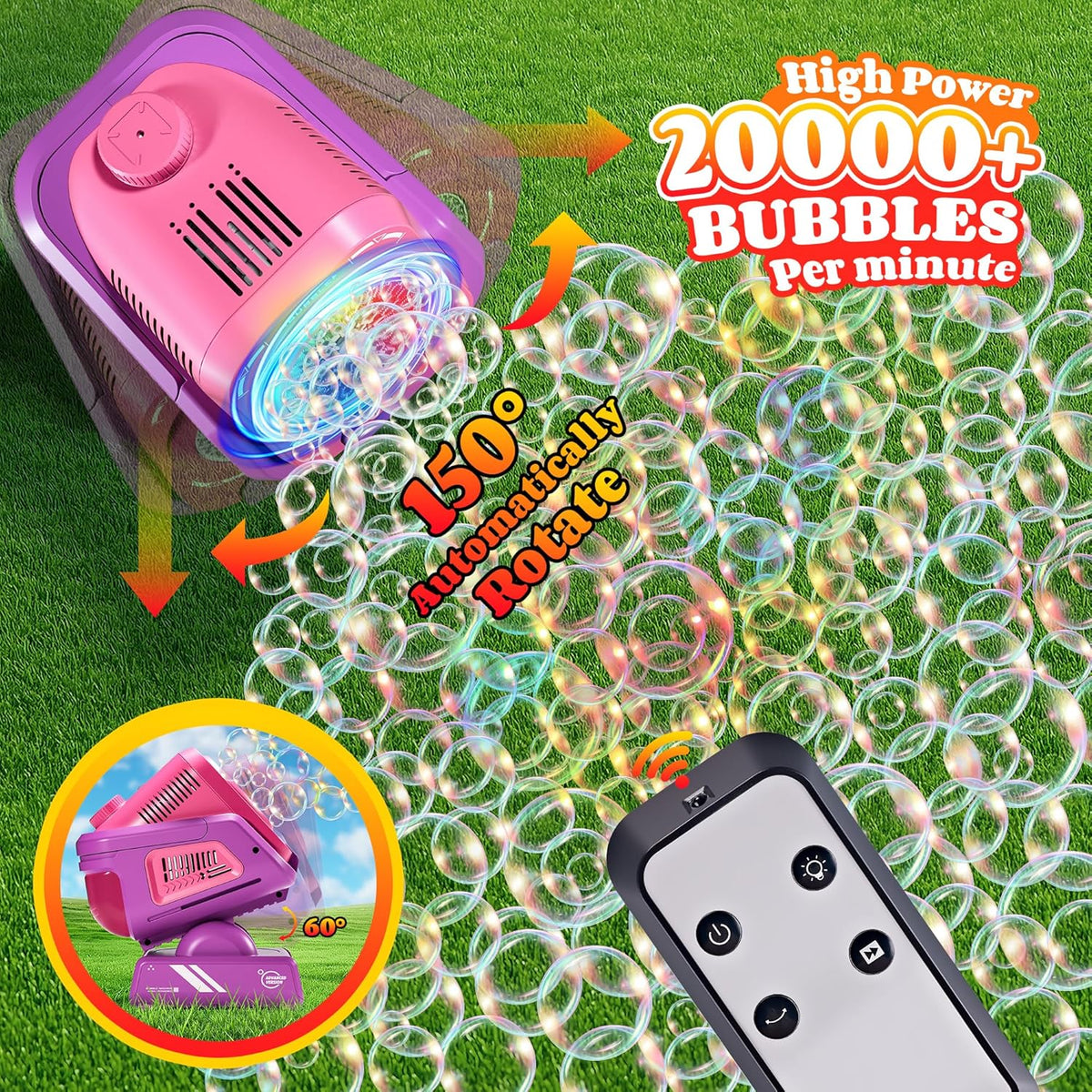 2025 Upgraded Bubble Machine with Remote Control, Automatic Rotation & RGB Lights, 1800mAh