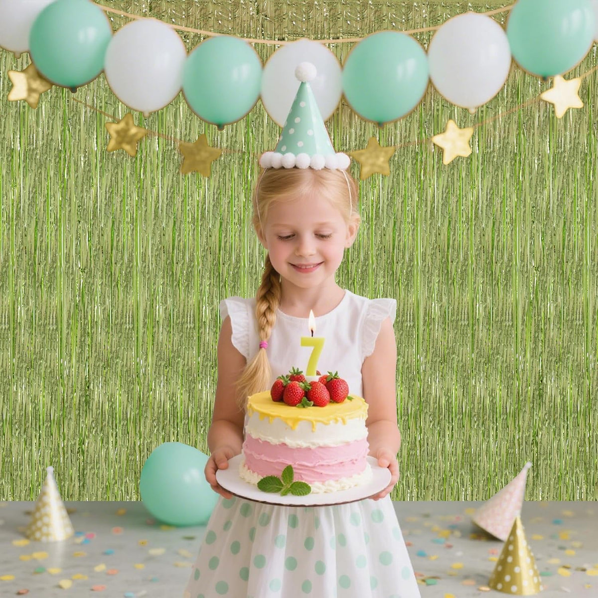 TONIFUL 3Pcs Light Green Door Streamers,Green Photo Booth Backdrop,Metallic Streamers Green Foil
