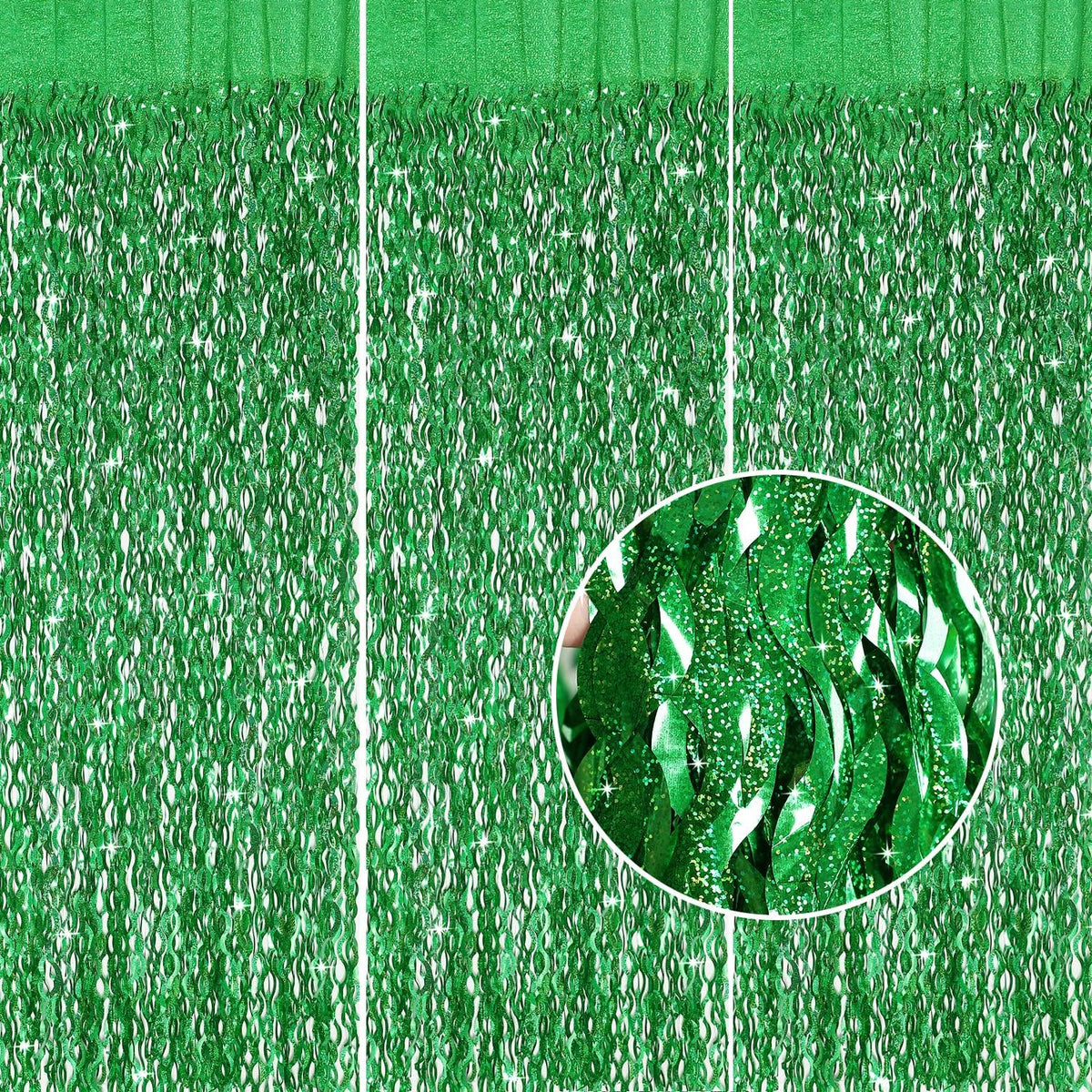 Green Foil Backdrop Curtain - CYLMFC 3 Pack 3.3 ft x 6.6 ft Birthday Streamers Party Curtains