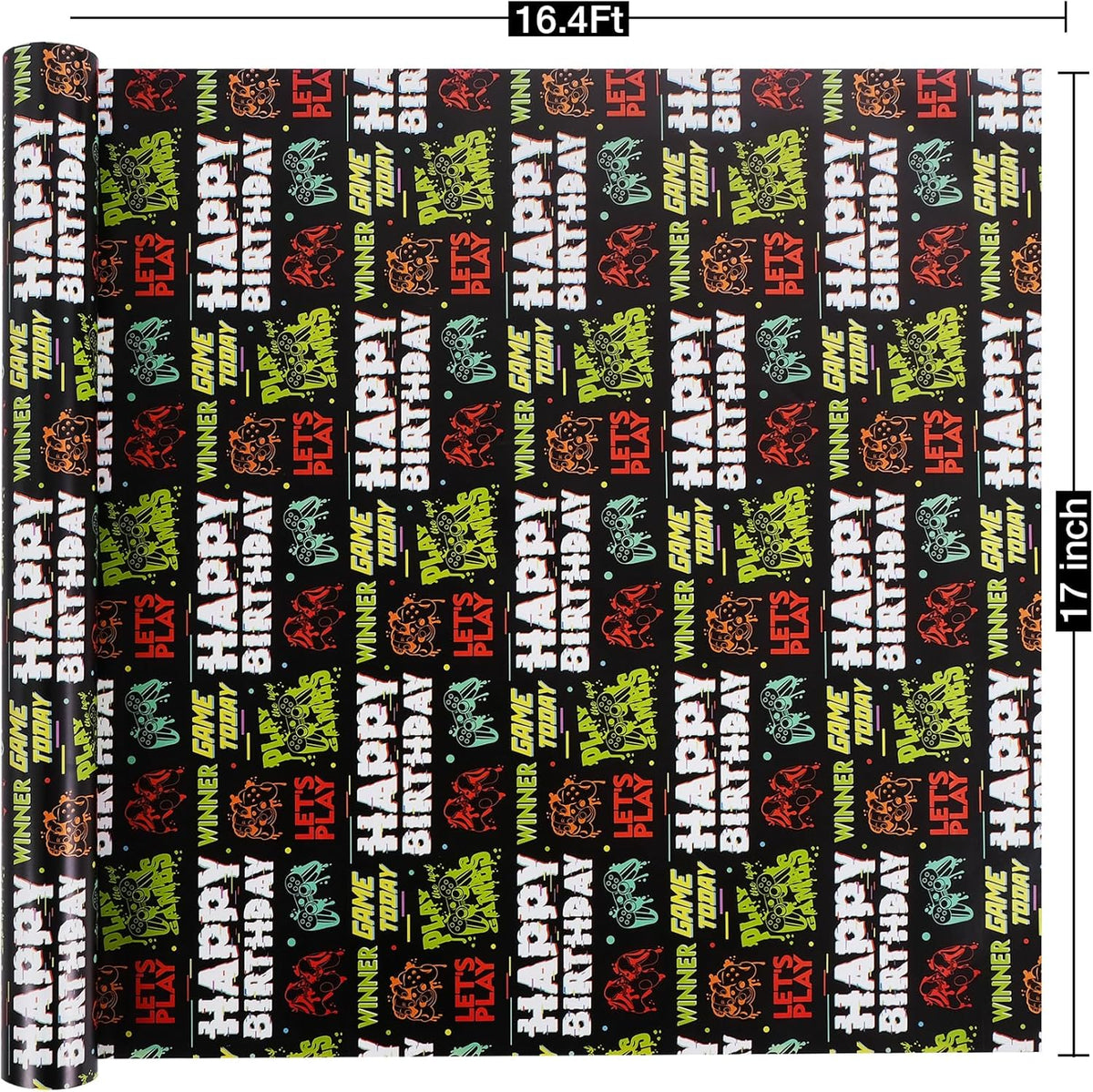 Aimyoo Gaming Birthday Wrapping Paper Roll - 17 Inch X 16.4 Feet - Black Happy Birthday Video Game