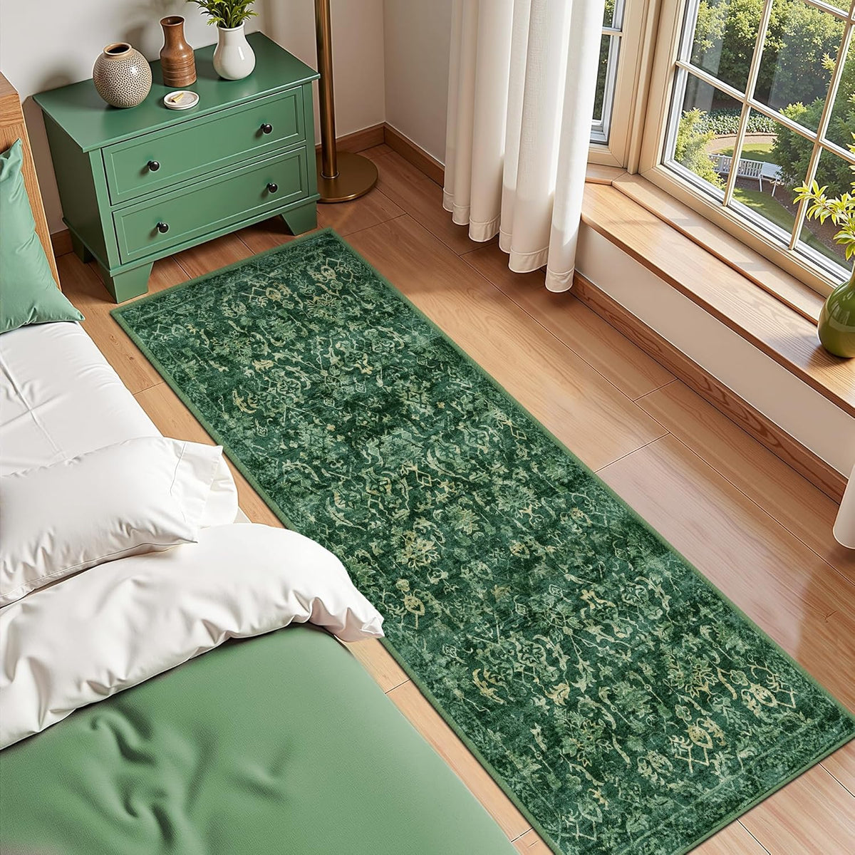 Dark Green 3x7 Runner Rug for Hallways Bed Side Kitchen, Boho Washable Distressed Low-Pile Floor