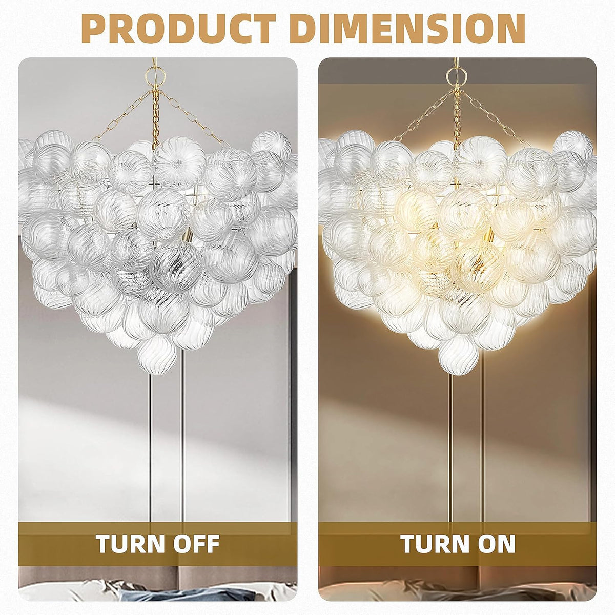 Nordic Bubble Ball Swirled Glass Chandelier, Dia 36 inch Gild Gold and Clear Blown Glass Large