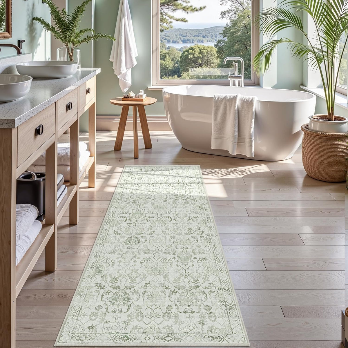 Sage 3x7 Runner Rug for Hallways Bed Side Kitchen, Boho Washable Distressed Low-Pile Floor Entryway