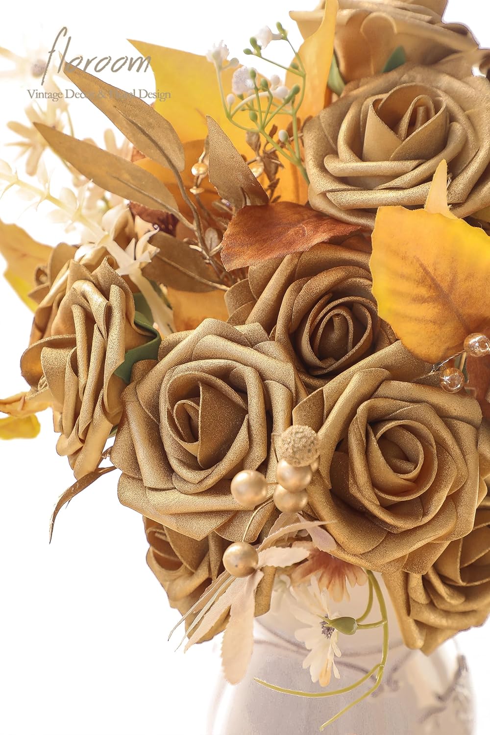 Floroom Artificial Flowers 25pcs Real Looking Antique Gold Foam Fake Roses with Stems for DIY
