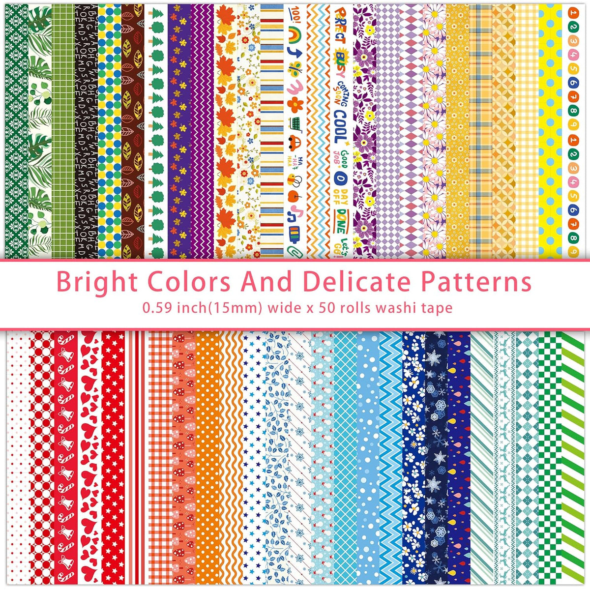 emmoolife 50 Rolls Washi Tape Set, 15mm Wide Rainbow Colored Tape Aesthetic Design Masking
