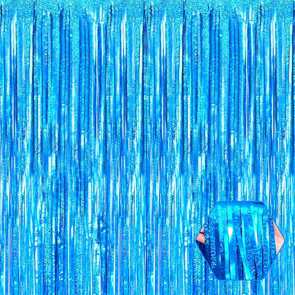 3 Pack Lake Blue Foil Fringe Curtain Backdrop, 3.28Ft x 8.2Ft Metallic Tinsel Foil Fringe Streamer