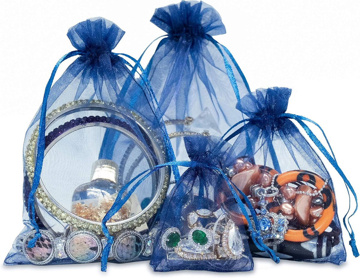 TheDisplayGuys 100-Pack 4x6 Navy Blue Sheer Organza Gift Bags with Drawstring, Jewelry Candy Treat