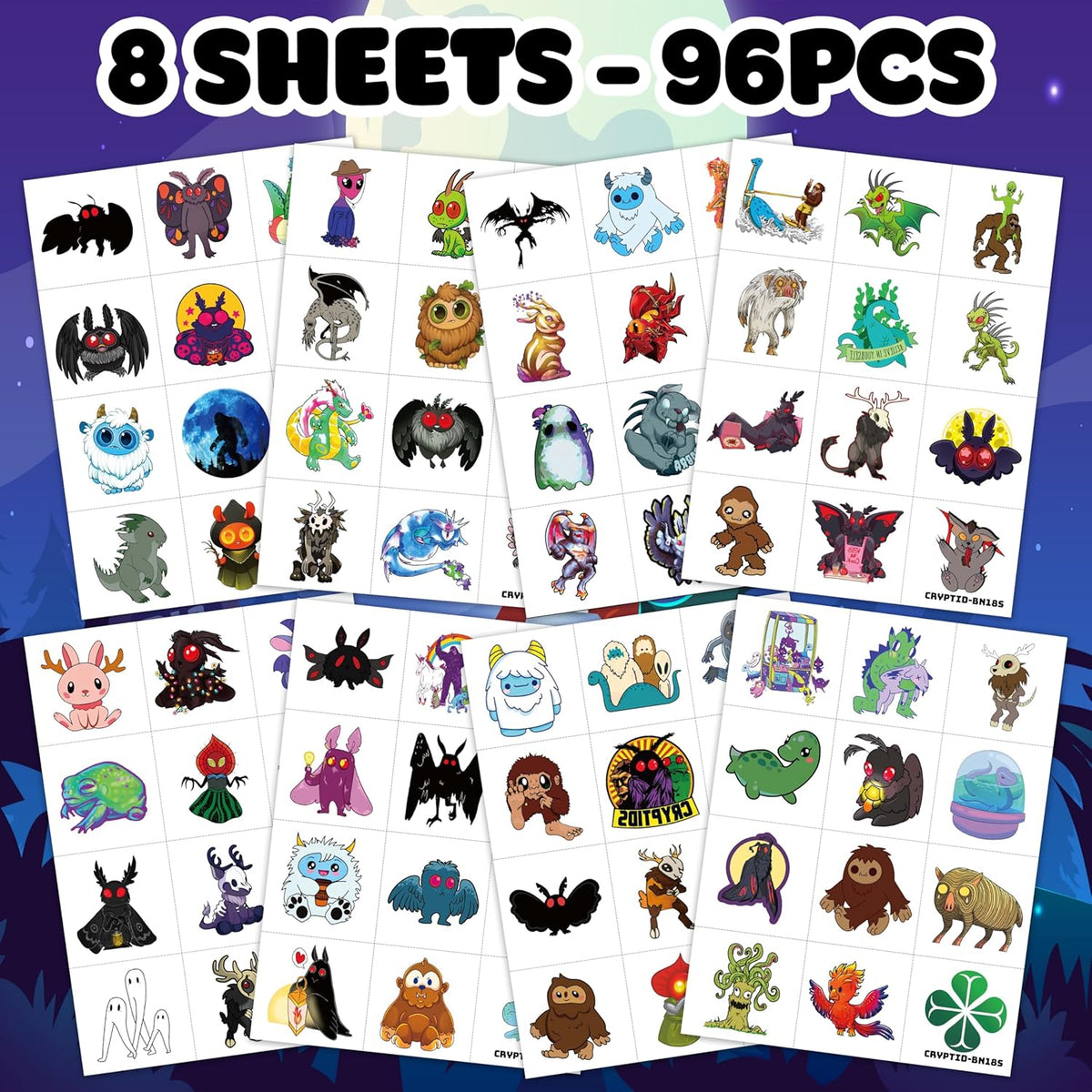 96PCS Cute Cryptid Temporary Tattoos Themed Halloween Birthday Party Decorations Supplies Favors