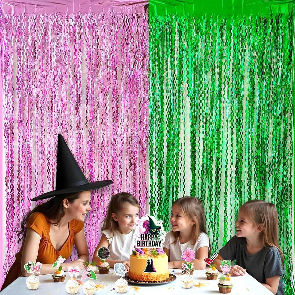 CANREVEL 2 Pack 3.3x6.6 Feet Pink and Green Wavy Foil Fringe Backdrop Curtains, Tinsel Streamers