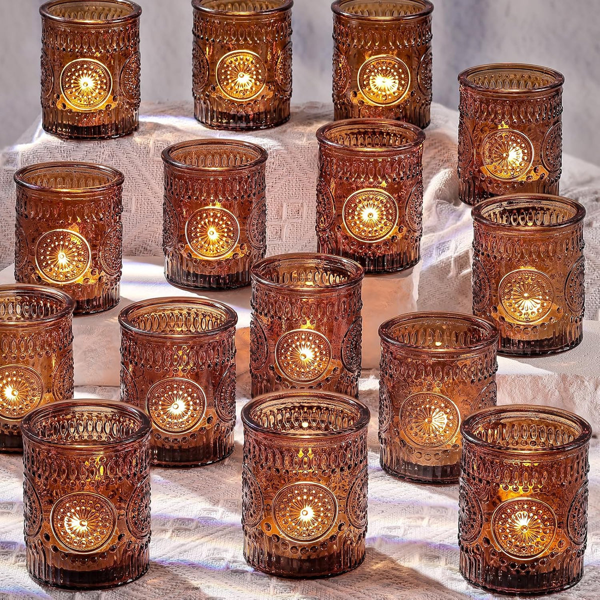 DARJEN Amber Votive Candle Holders Set of 36- Glass Candle Holders Bulk for Flameless LED Tea