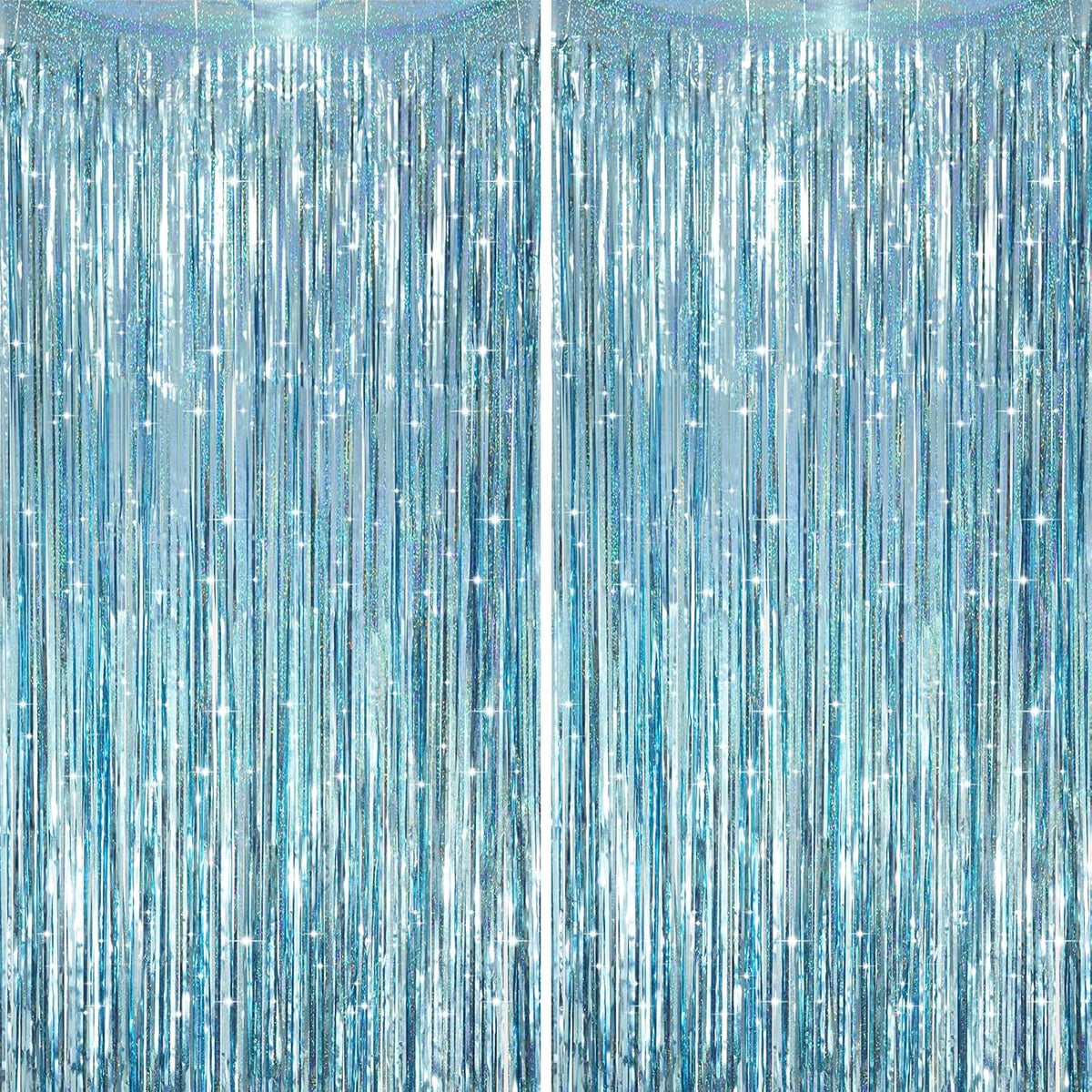 2 Pack Laser Light Blue Foil Fringe Curtains, Tinsel Streamers Birthday Party Decorations, Fringe