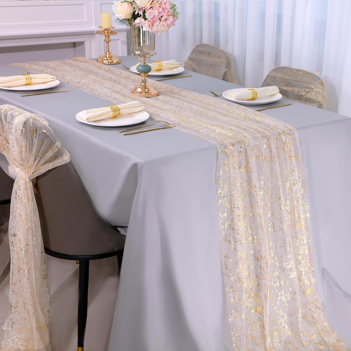 Snowkingdom 3Pcs 10 Ft Gold Table Runners, Sheer Chiffon Tulle Cheesecloth Wedding Runner, Golden