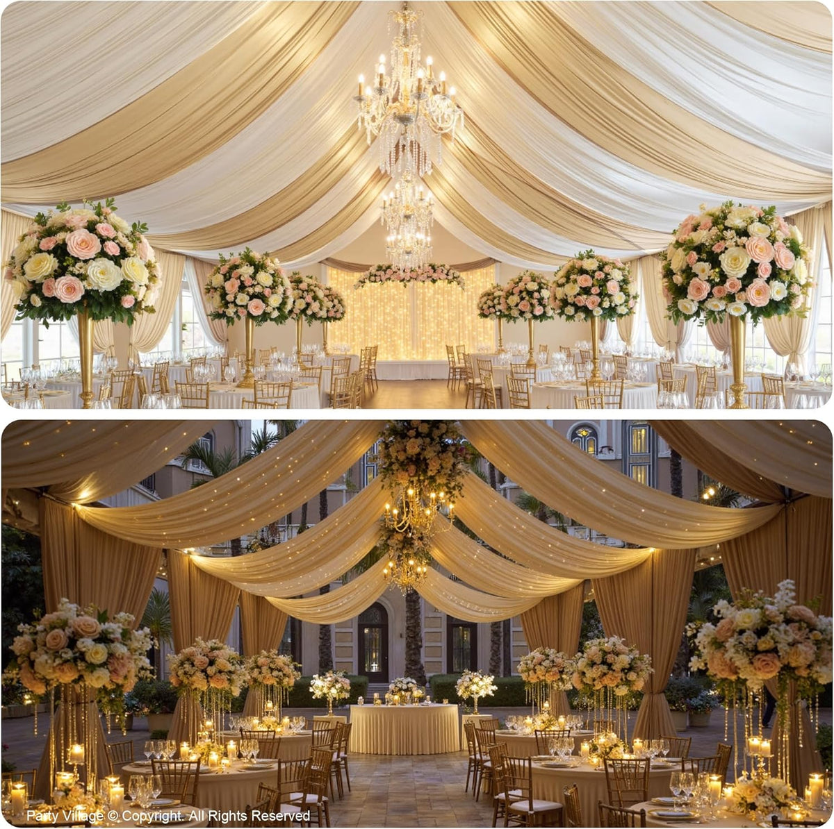PartyVillage 10ftx40ft Beige Ceiling Curtain for Wedding Parties – 2 Panels Wrinkle-Free 40 FT Long