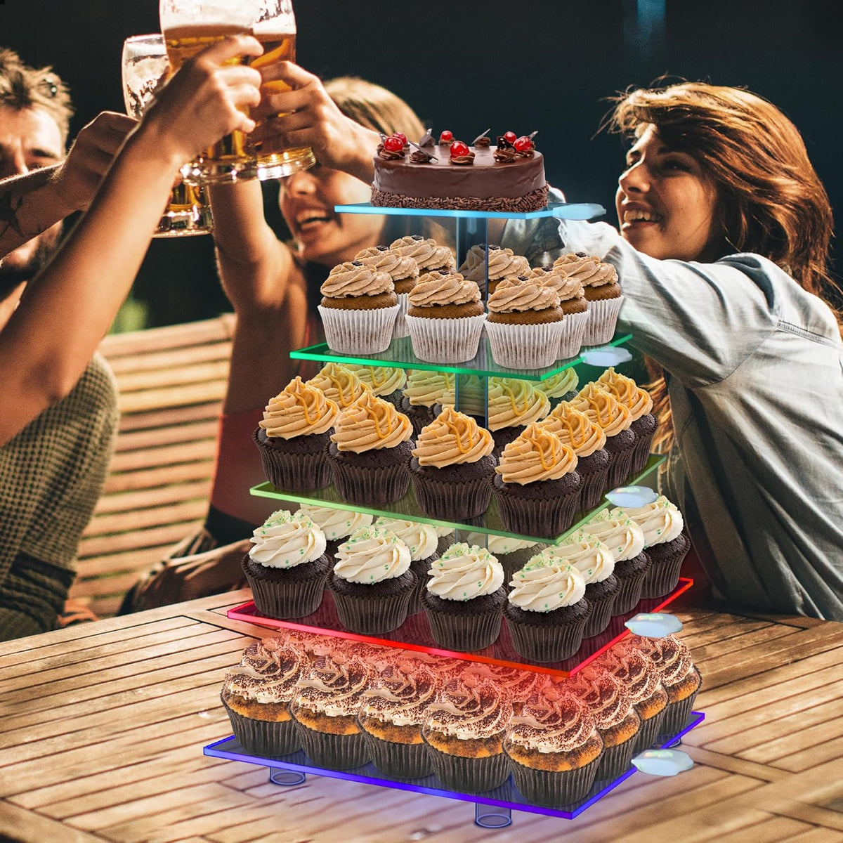 Cupcake Stand with Rechargeable Led, 5 Tier Clear Cupcake Holder, 7 Colors Light Cupcake Tower