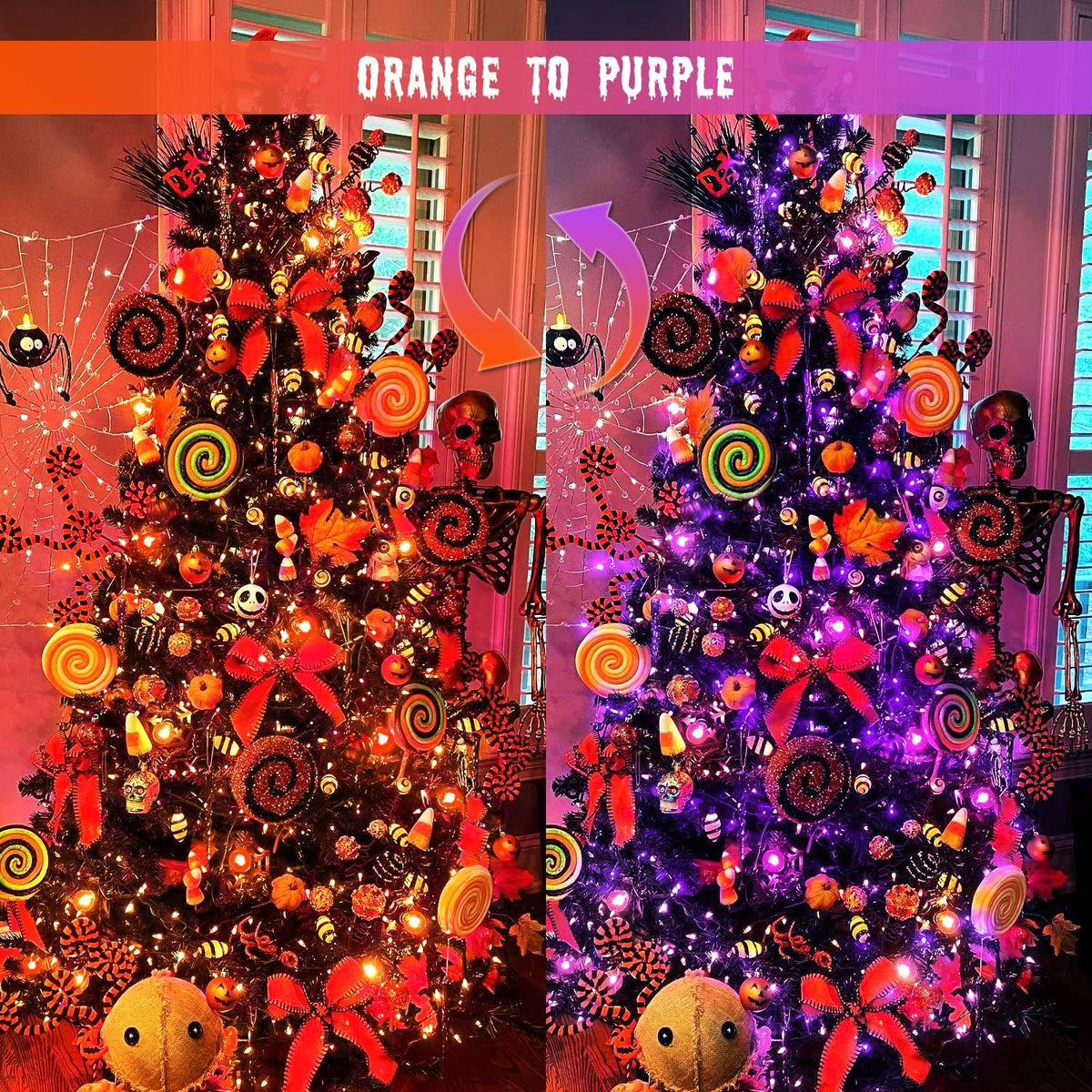 JMEXSUSS Orange and Purple Solar Halloween Lights, 2 Pack 100 Led Color Changing Christmas Lights