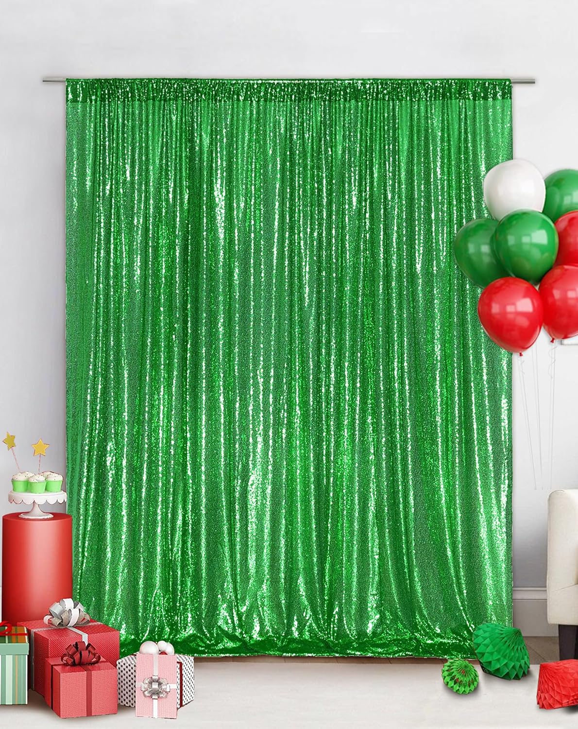 Eternal Beauty Green Sequin Backdrop, 20x10 Ft Glitter Background Curtains for Christmas Shimmer