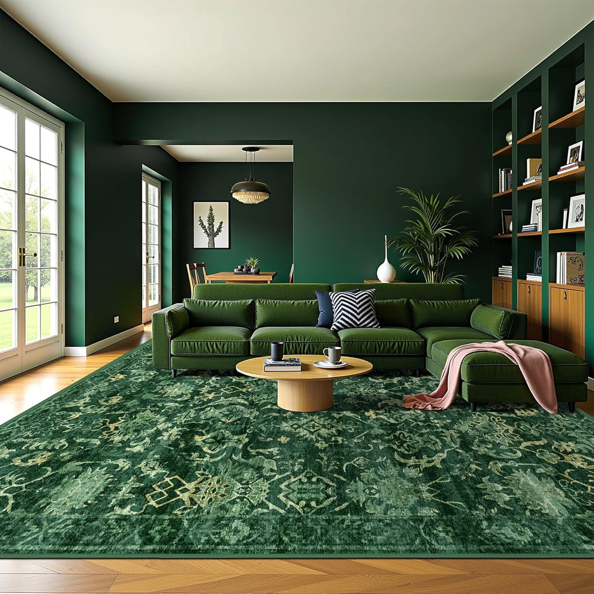 Deerly Dark Green Area Rugs 10x12 for Living Room Soft Non-Slip, Large Bedroom Rug Vintage Dining