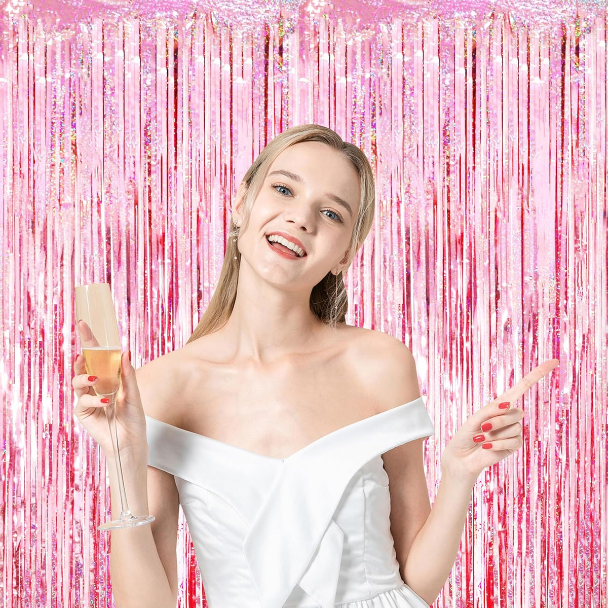 2 Pack 3.3x8.2 Feet Laser Pink Foil Fringe Backdrop Curtains, Tinsel Streamers Birthday Party