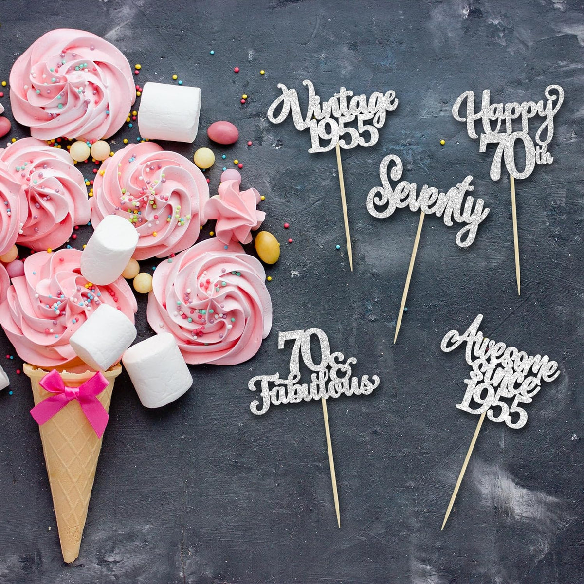 30Pcs Happy 70th Birthday Cupcake Toppers Glitter Seventy Vintage 1955 Cupcake Picks Cheers to 70
