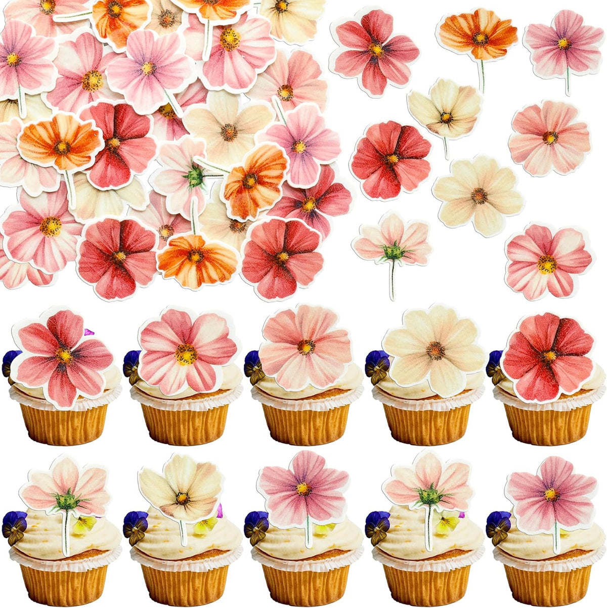Ephlyn 50Pcs Edible Flower Cupcake Toppers Wafer Paper Spring Bridal Engagement Baby Shower