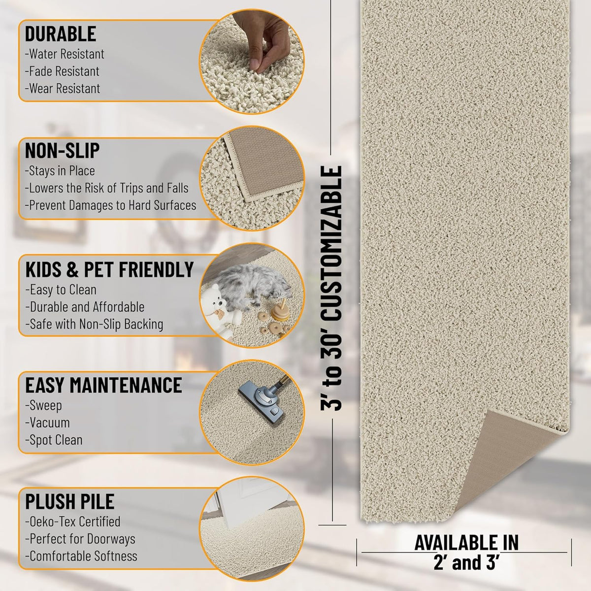 Ottomanson 3' x 20' Shaggy Runner Rug - Plush & Cozy Non-Slip Carpet for Bedroom, Living Room