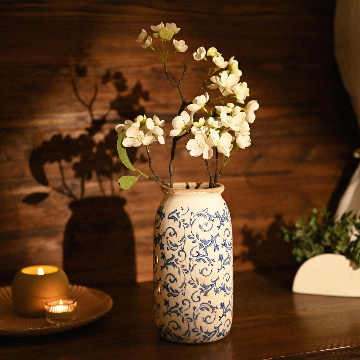 VICTOR & TERESA Rustic Large Blue and White Vase for Home Decor, 10'' Tall Ceramic Vases for