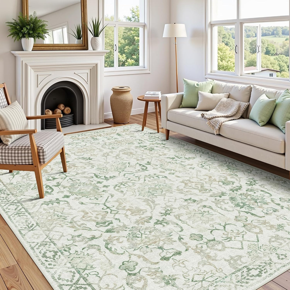 Green Area Rugs 8x10 Rugs for Living Room, Traditional Washable Rugs for Bedroom Distressed Large