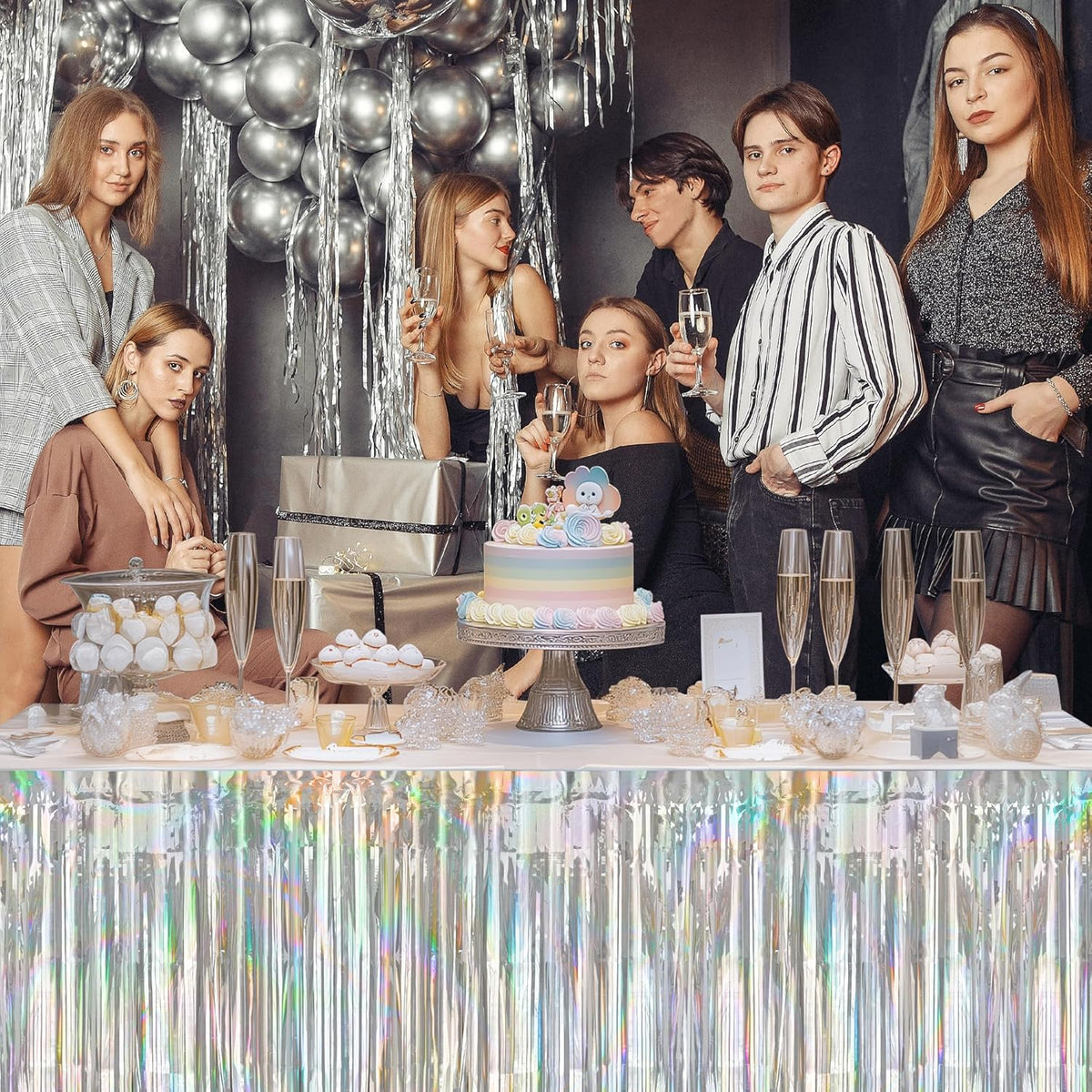 2 Pack Laser Silver Table Skirts, 29x108" Metallic Foil Tinsel Fringe Table Skirts for Rectangle