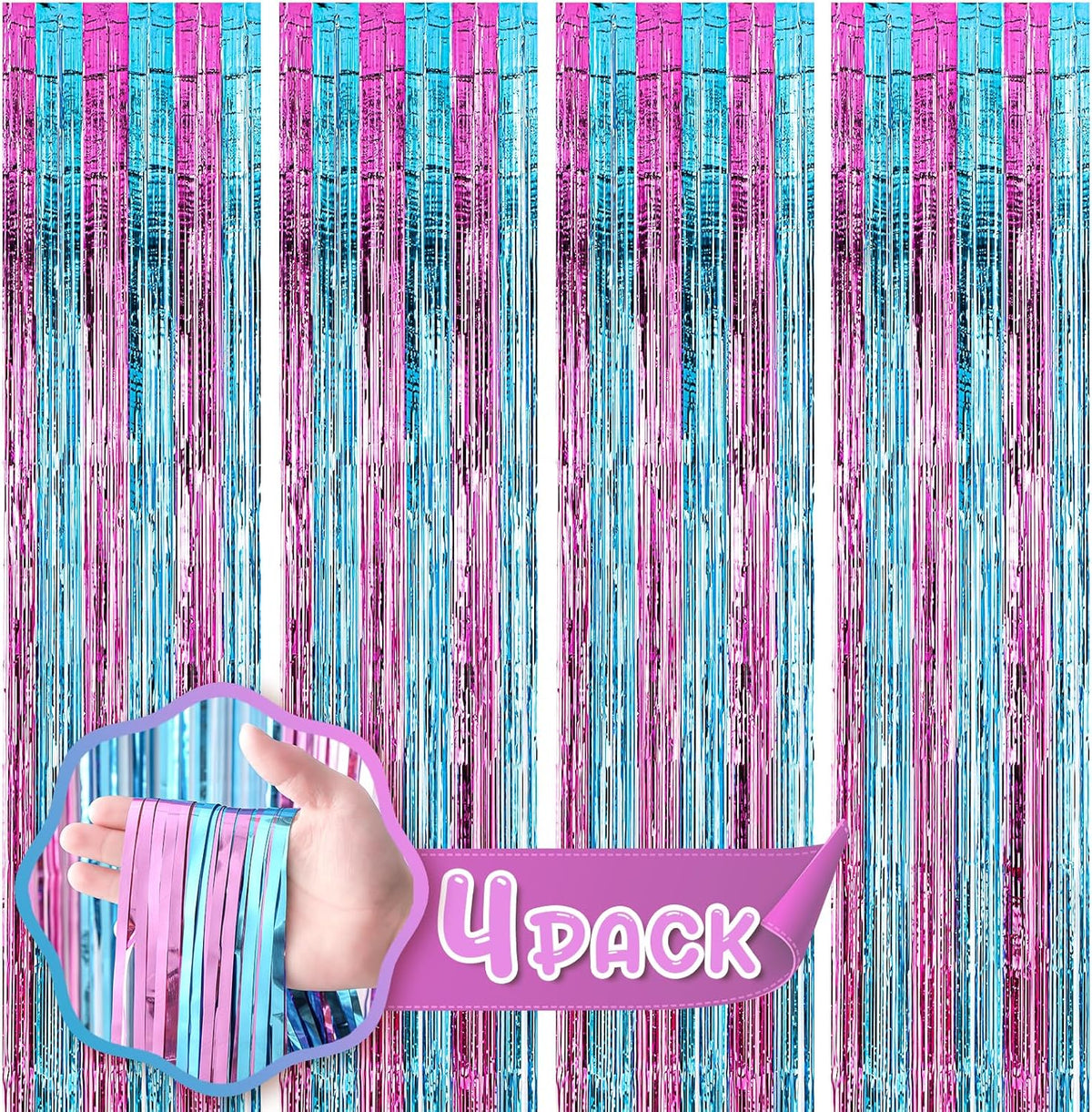 4 Pack 3.3x8.2 Feet Blue and Pink Foil Fringe Backdrop Curtains, Tinsel Streamers Birthday Party