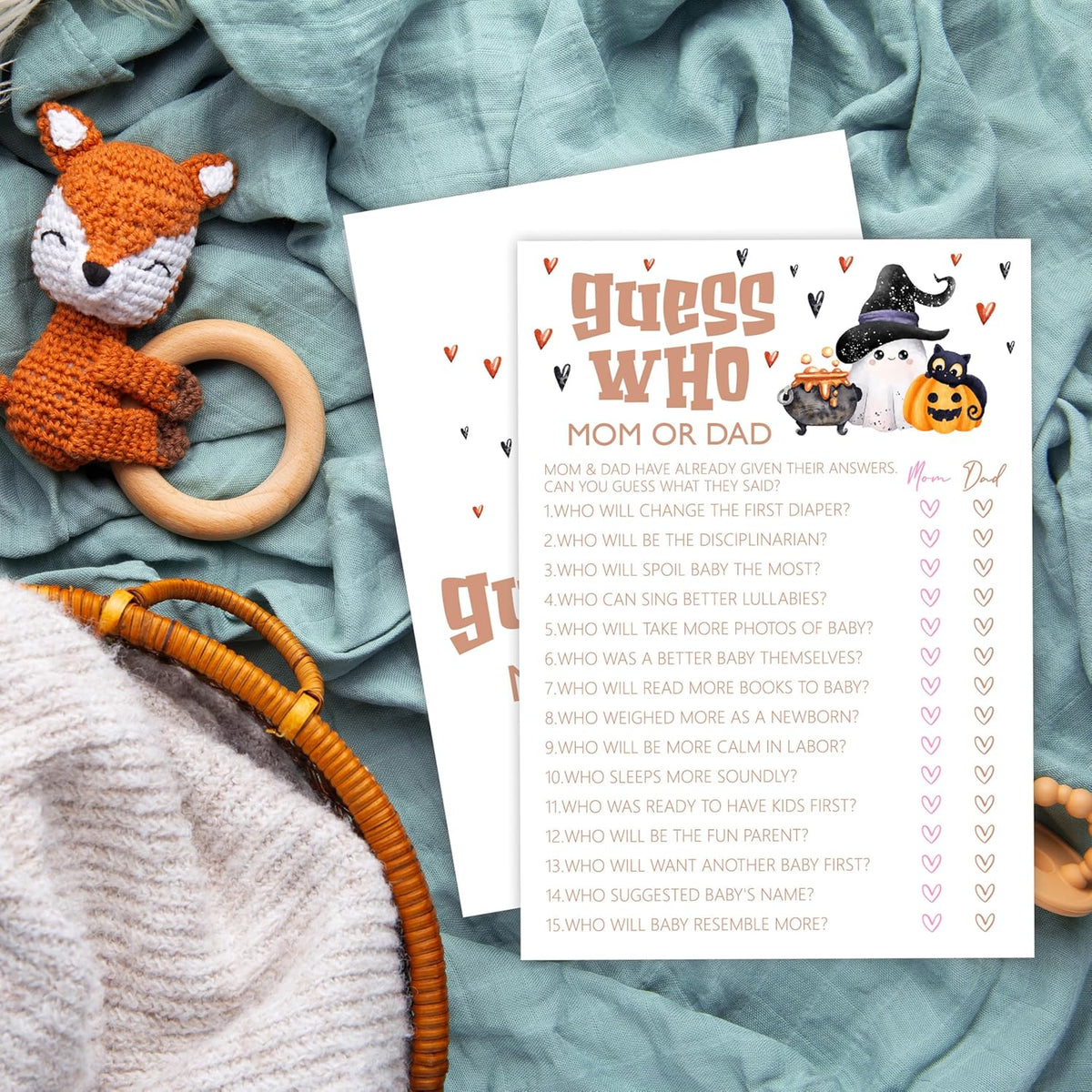 Baby Shower Games, Halloween Guess Who Mom or Dad, 25 Double-Sided Game Cards for Gender Reveal