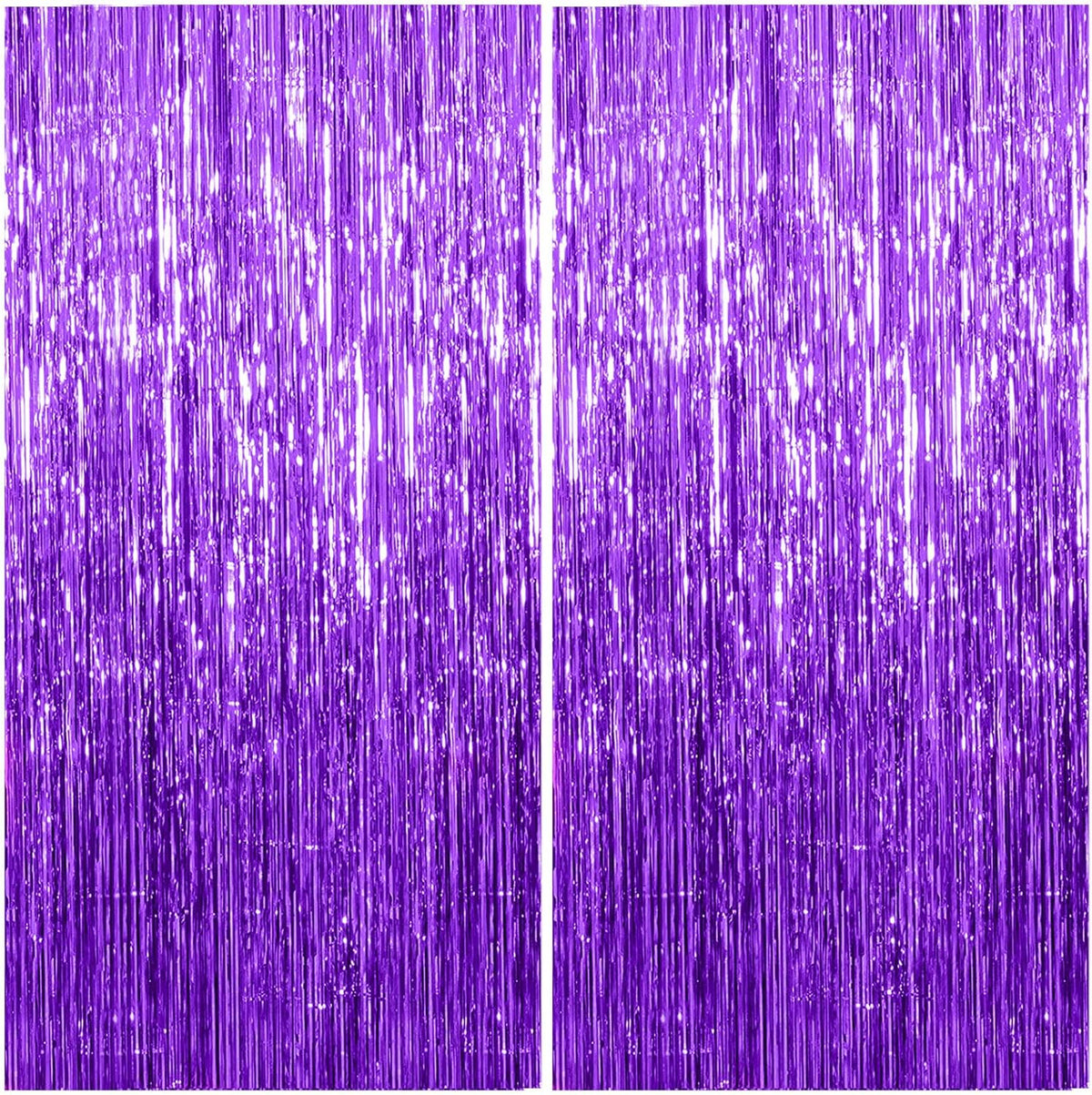 2 Pack Foil Curtain Backdrop Purple Metallic Tinsel Foil Fringe Curtains Photo Booth Props for