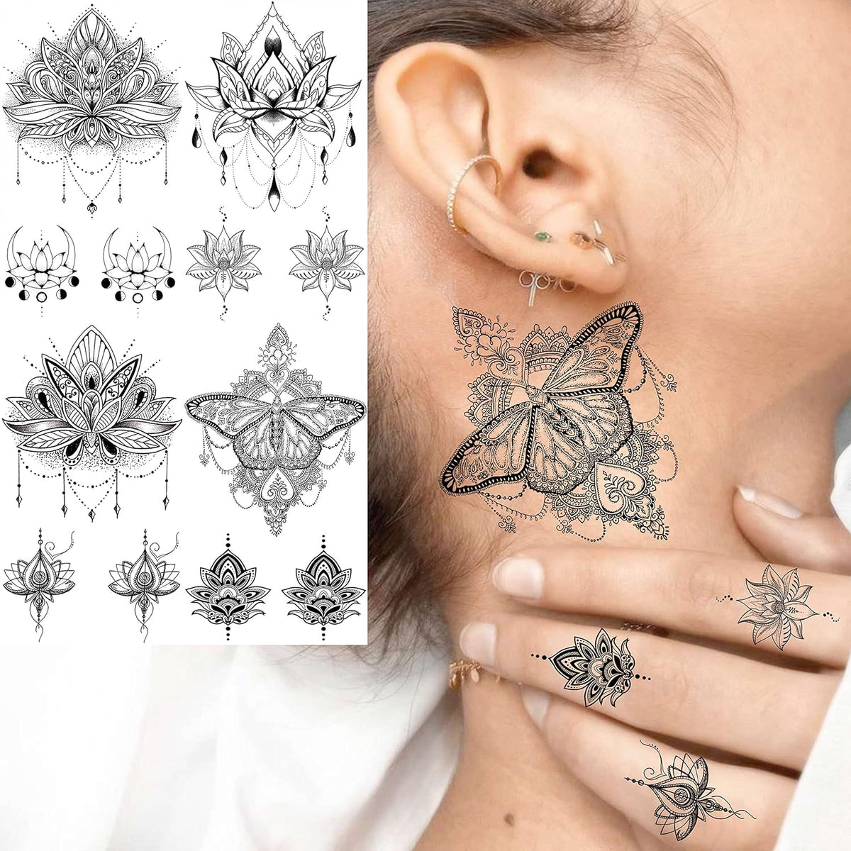 15 Sheets Sexy Black Lotus Temporary Tattoos For Women Wedding Brides, Tribal Fake Jewelry Pendant