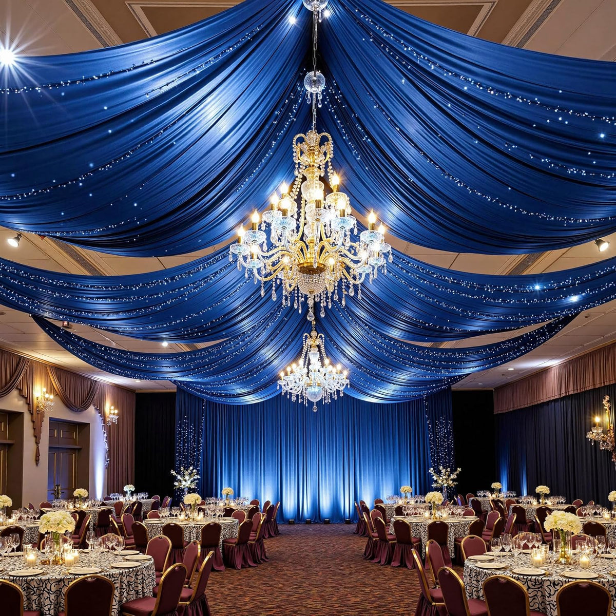 PartyVillage 2 Panels 5ftx30ft Royal Blue Ceiling Drapes for Wedding Parties – 30 FT Extra Long