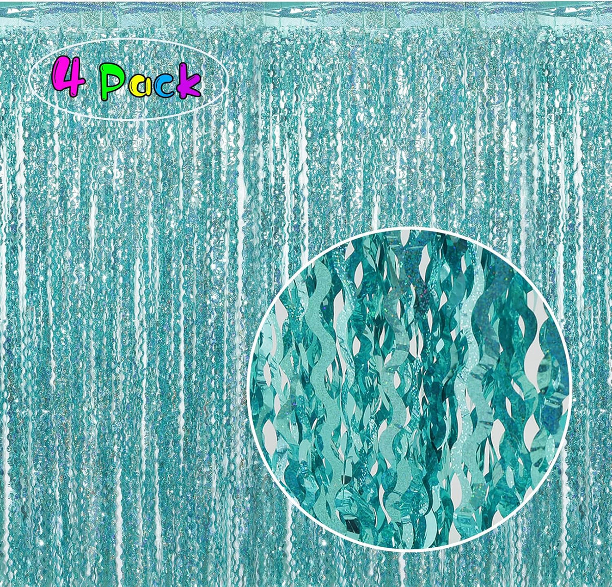 4 Pack 3.3 ft x 6.6 ft Wavy Sparkle Aqua Teal Blue Foil Curtain - Water Blue Foil Streamers for