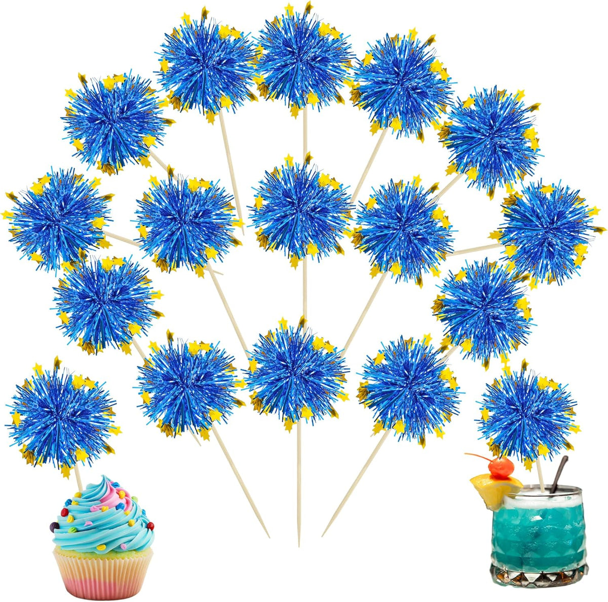 Ephlyn 30Pcs Foil Firework Cupcake Toppers Firework Cake Toppers Tinsel Flower Drink Stirrers