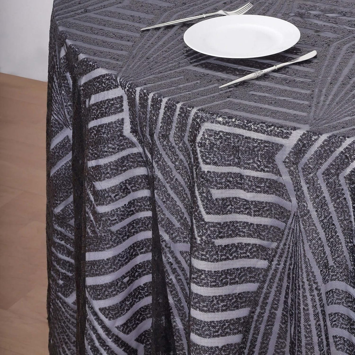Efavormart 120" Black Sparkly Sequin Geometric Tulle Round Tablecloth