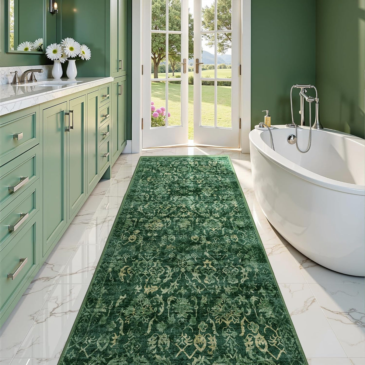 Dark Green 3x10 Runner Rug for Hallways Bed Side Kitchen, Boho Washable Distressed Low-Pile Floor