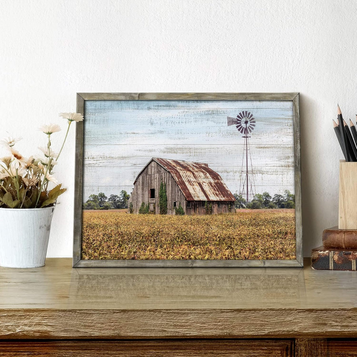 Rustic Life Wooden Wall Art: Rural House in the middle of Straw Artwork Wooden Painting with Framed