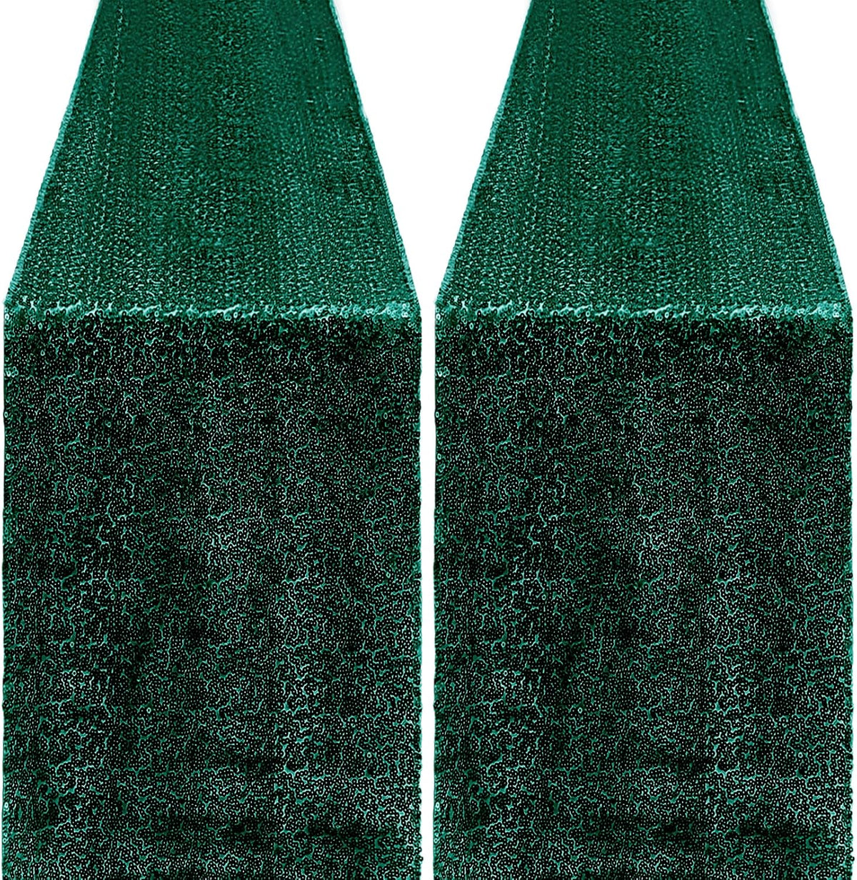 2 Packs 12 x 72 inches Sequin Table Runner, Hunter Green Glitter Table Runner for Birthday Party