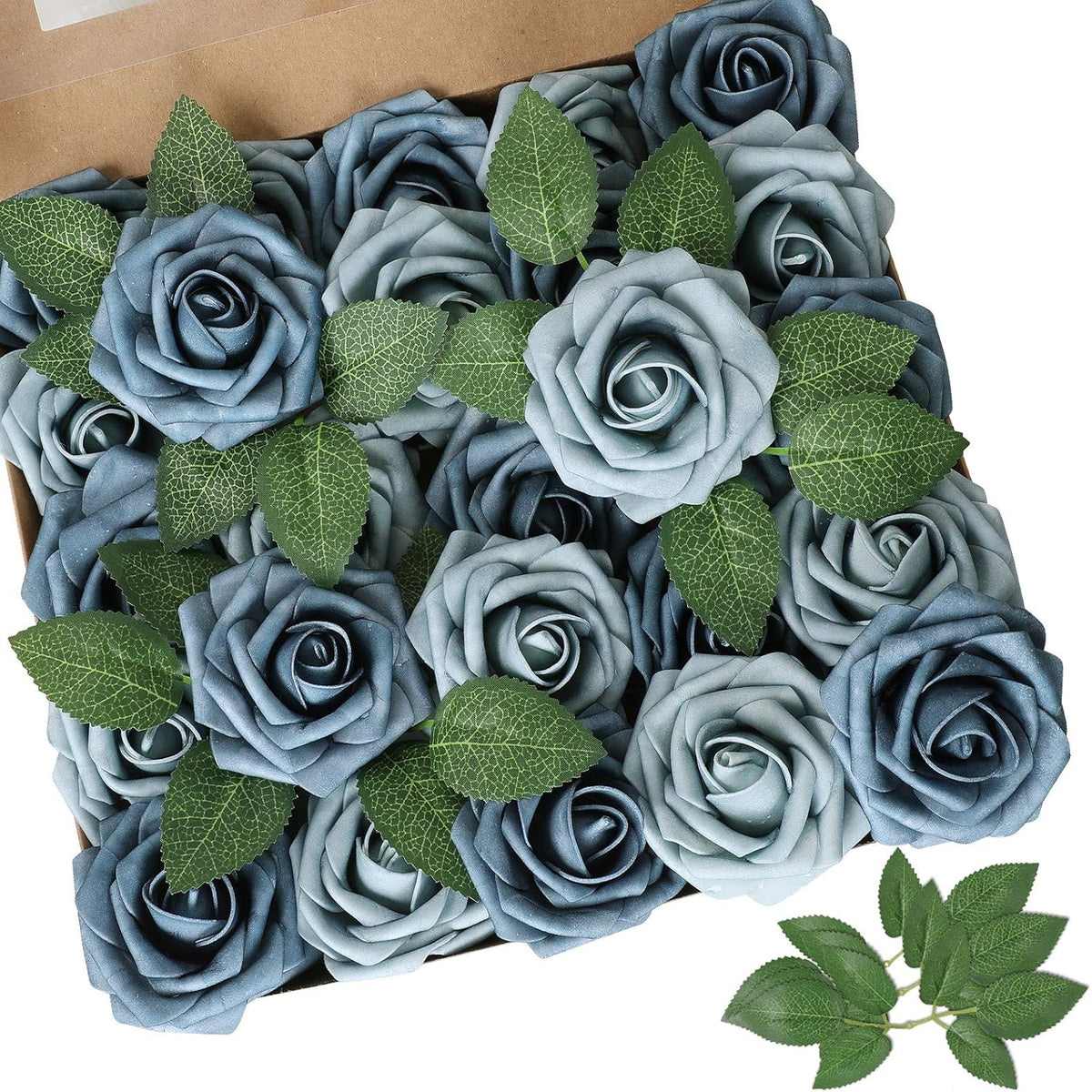 AmyHomie Artificial Flower Dusty Blue Shades Rose 25pcs Real Looking Fake Roses w/Stem for DIY