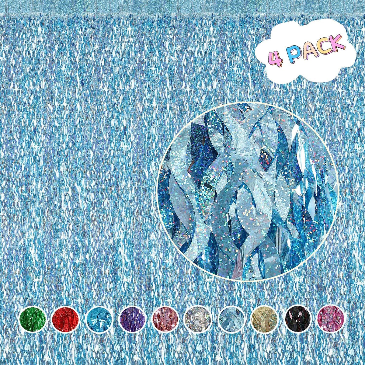 4 Pack Light Blue Party Foil Curtain - CYLMFC 3.3 ft x 6.6 ft Wavy Photo Booth Backdrop Metallic
