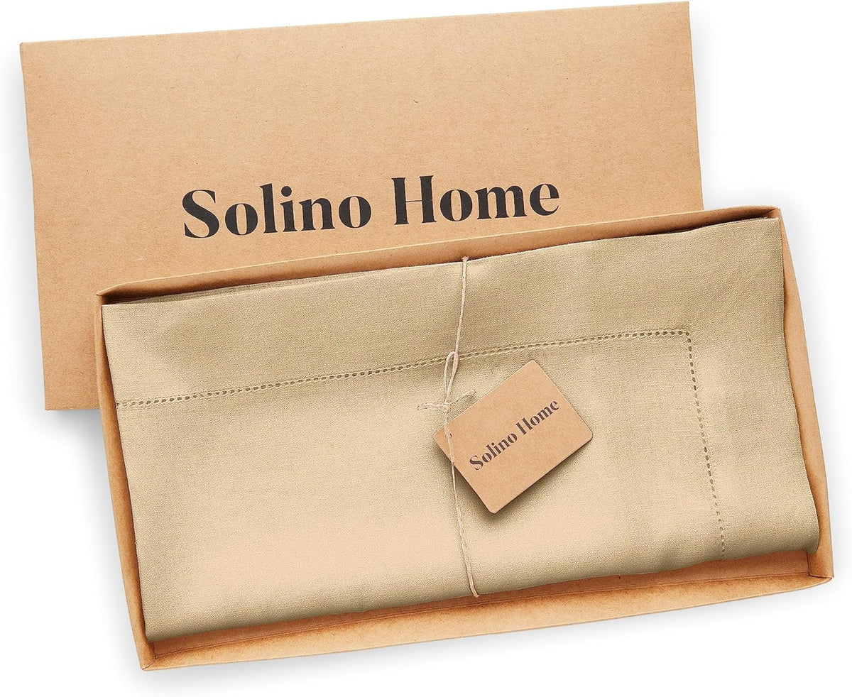 Solino Home Linen Square Tablecloth 52 x 52 Inch - 100% Pure Linen Beige Table Throw - Classic