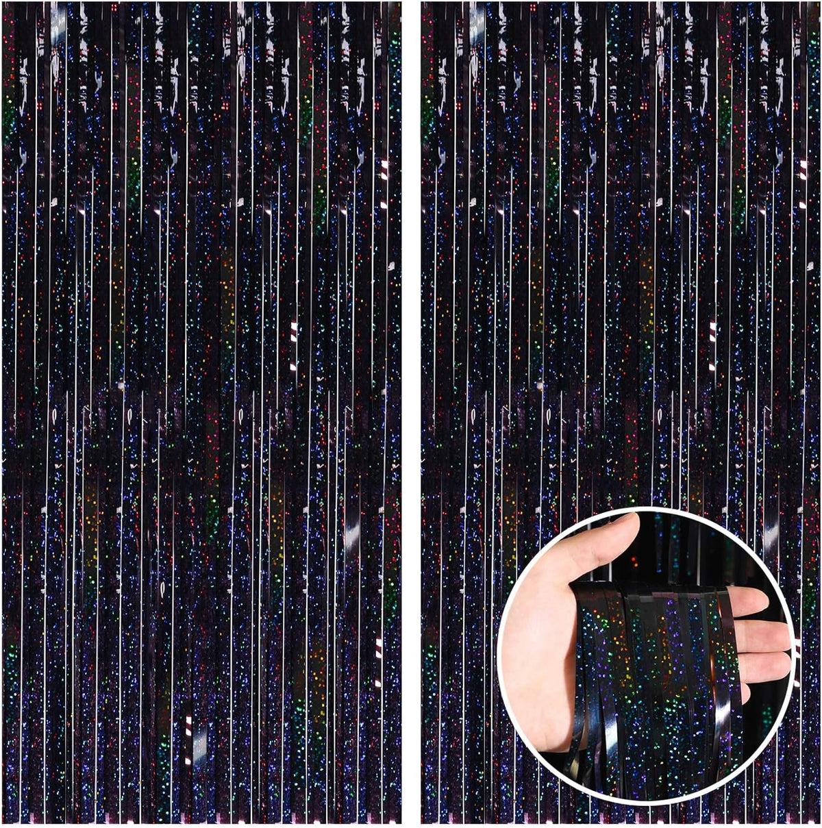 CANREVEL 2 Pack 3.3x8.2 Feet Laser Black Foil Fringe Backdrop Curtains, Tinsel Streamers Birthday