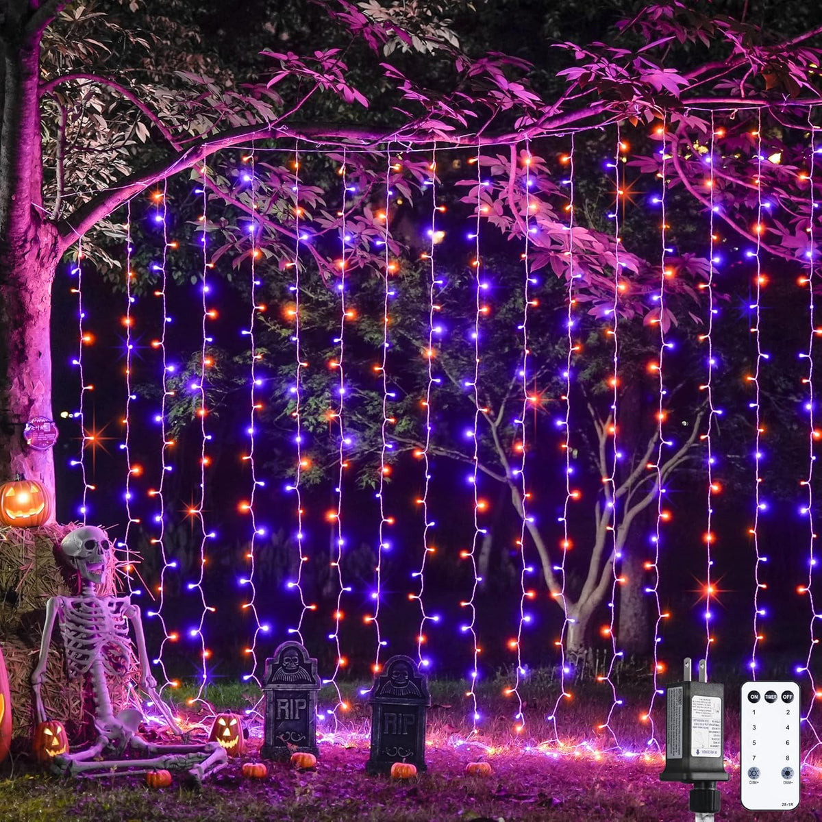 JMEXSUSS 300LED Orange and Purple Halloween Curtain Lights with Remote, 9.8x9.8ft Window Twinkle