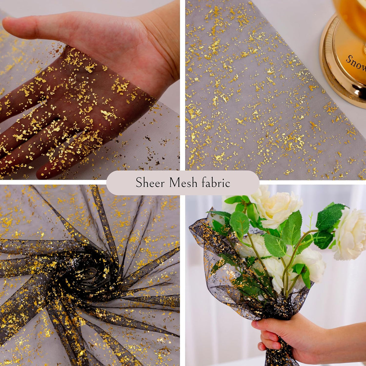 Snowkingdom Black and Gold Cheesecloth Table Runner 10 FT, Sheer Chiffon Sparkle Gauze Mesh Runners