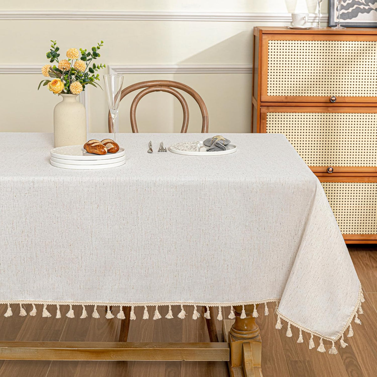 MYSKY HOME Table Cloth 60x102 in Rectangle, Cotton Tassel Linen Look Waterproof, Wrinkle Free Table