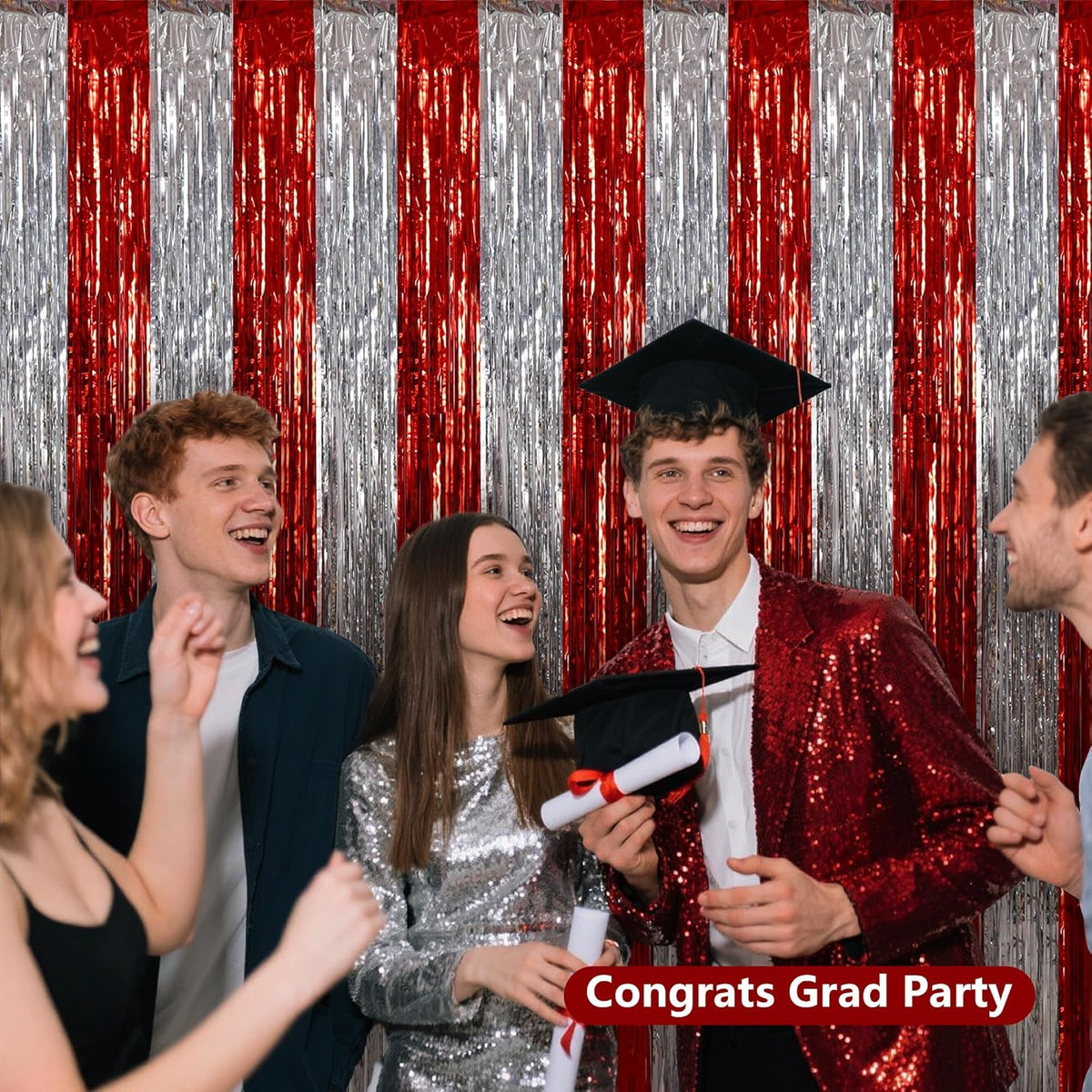 BEISHIDA Red Silver Door Streamers Backdrop Foil Fringe Tinsel Party Streamers Curtains Photo