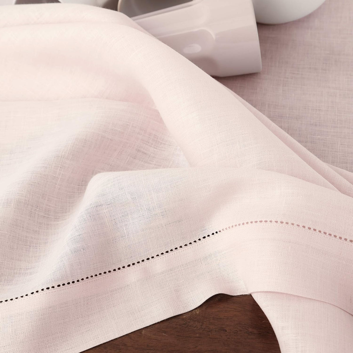 Solino Home Linen Tablecloth 60 x 144 Inch - Classic Hemstitch 100% Pure Linen Pink Table Cloth for