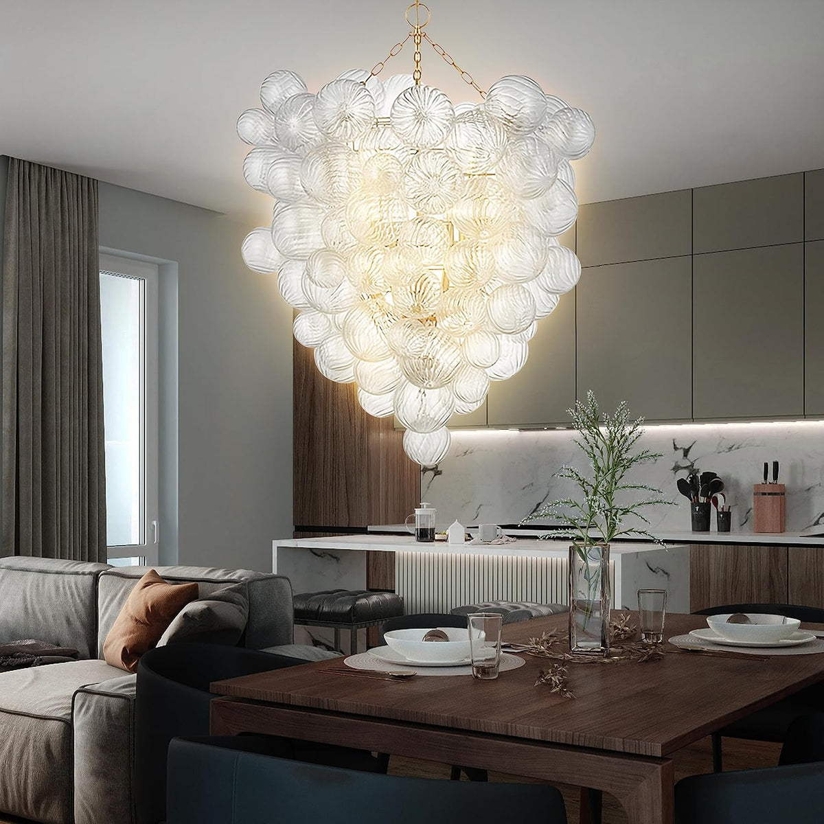 Mid Century Bubble Ball Swirled Glass Chandelier, 36 in. 2-Layer Cages Gild Gold and Clear Blown